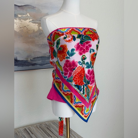 Caché Y2K Silk Scarf/Handkerchief Print Strapless Top Floral Bandana Hem - Picture 10 of 16